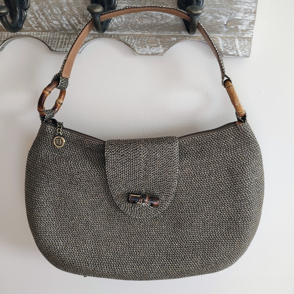 Eric Javits Woven Straw Hobo Purse With Bamboo Hardware